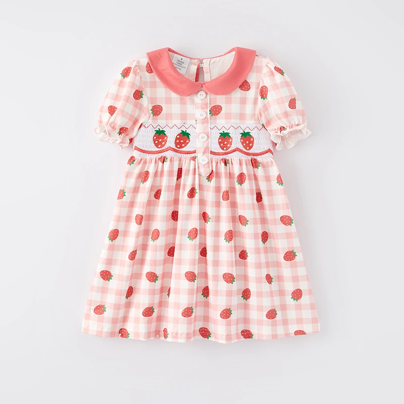 Girlymax Sibling Spring Summer Baby Girls Strawberry Plaid Gingham Peter Pan Collar Smocked Dress Kids Clothing