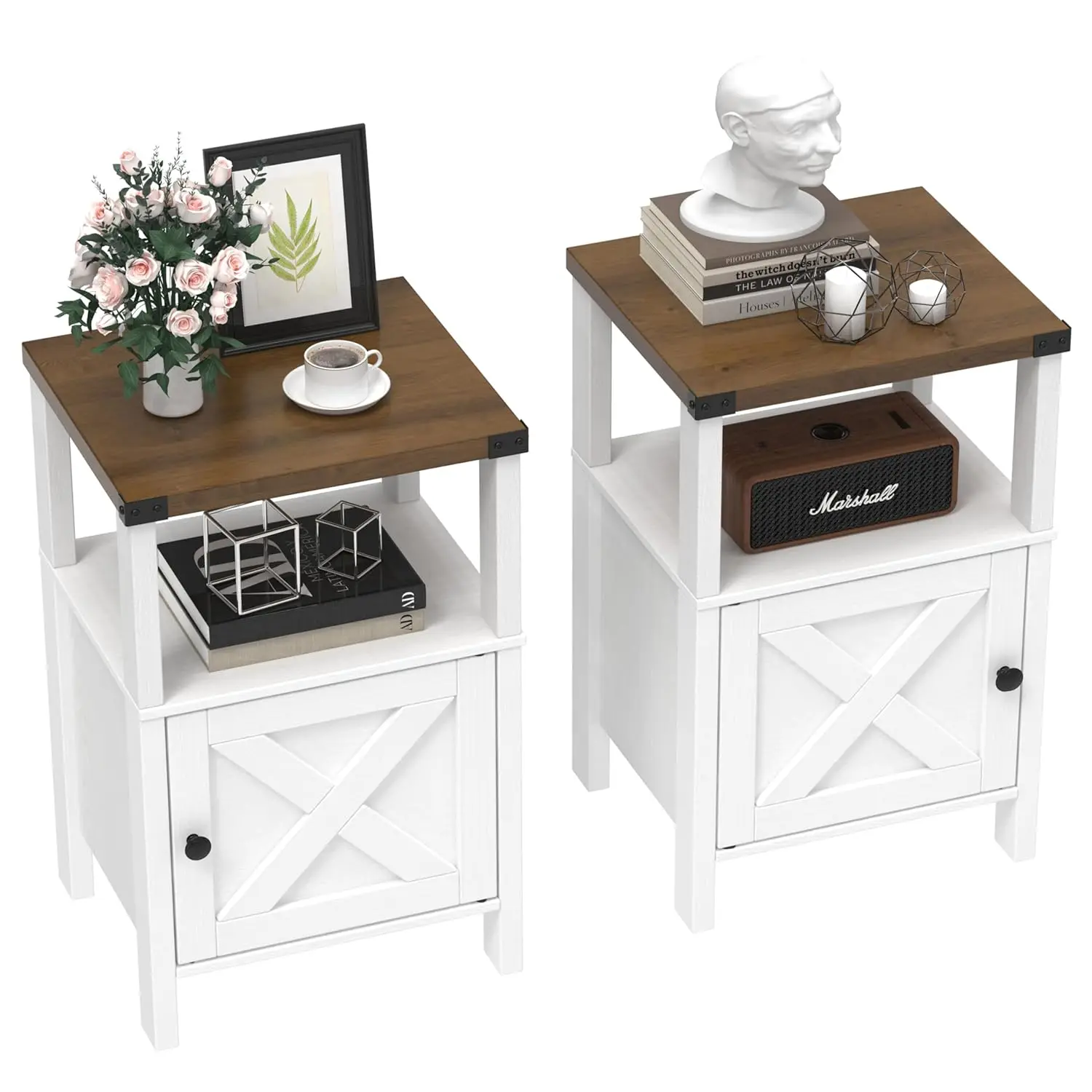 

Set of 2 Farmhouse Nightstands, Sofa Side End Table with Storage, Wood Bedside Table with Barn Door for Bedroom, Customized