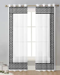 White Geometric Zigzag Greek Pattern Tulle Curtain for Living Room Bedroom Modern Sheer Curtains Transparent Window Treatment