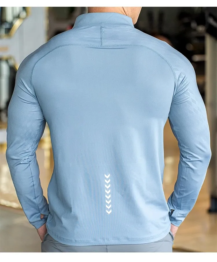New Autumn winter Running Gym Men Shirt long Sleeve Tees elastic fit Sports training Fitness Quick dry Zip collar Polo T Shirt