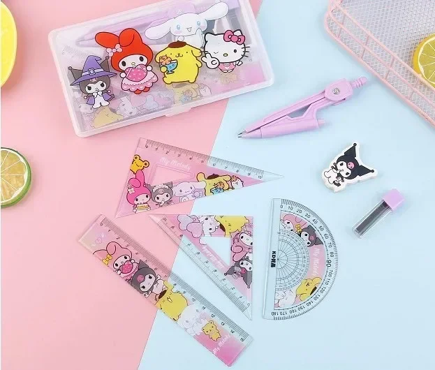 Cartoon Sanrio compasses ruler 7-piece set triangular plate protractor eraser stationery combination primary school student gift