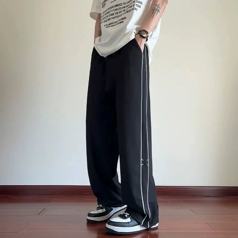 

Мужские спортивные брюки в полоску в американском стиле, повседневные, свободного кроя, прямые, длинные ​ Модные брюки в стиле стритвир