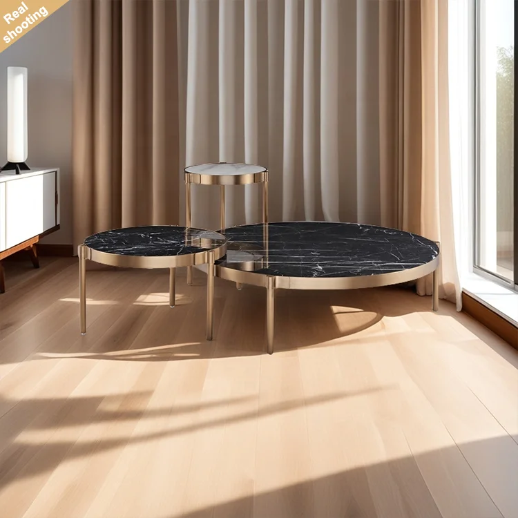 

New High End Living Room Marble Table Top Stainless Steel Frame Round Coffee Tables Set Center Table for Home
