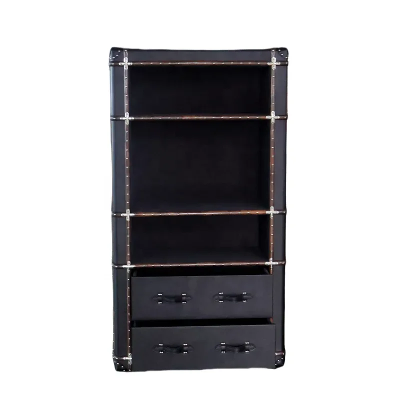 Custom Made Vintage Furniture Wood Display Antique Black Leather Bookcase Living Room Book Shelf Home Furniture