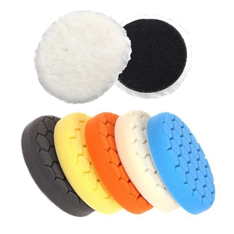 1X Car Van Valeting Polisher Buffer Lamb Wool Polishing Pad 6 Inch & 5Pcs 6 Inch 150Mm Hex Logic Polishing Pad