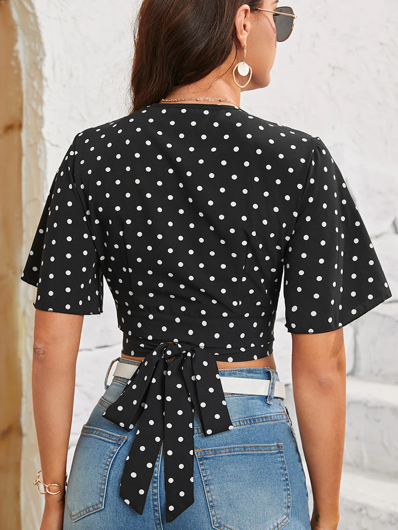 Fashion Elegant Back Bandage Women Crop Tops With Ruffled Sleeves Retro Classic Polka Dot Chiffon Shirts for Ladies