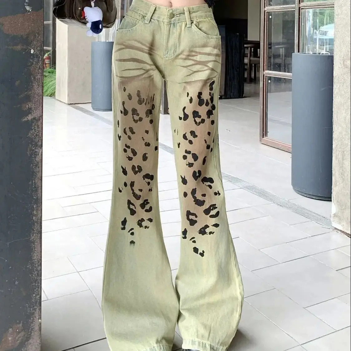 

American High Street Distressed Leopard Print Micro-Flared Jeans Women Tie-Dye Retro Niche Straight Wide-Leg Floor-Length Pants