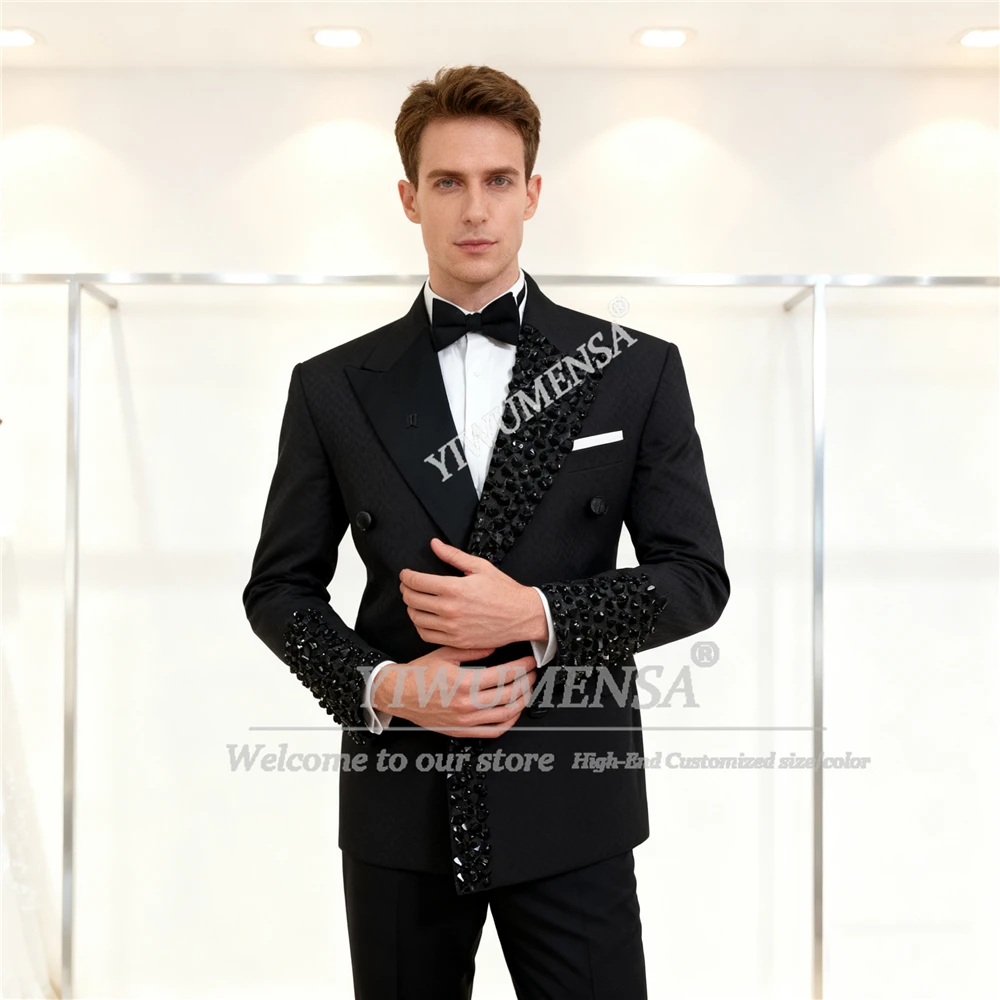 

Diamond Beaded Suit Men Slim Fit 2 Pieces Sets Double Breasted Jacket Pants Customized Groom Wedding Tuxedos trajes para hombre