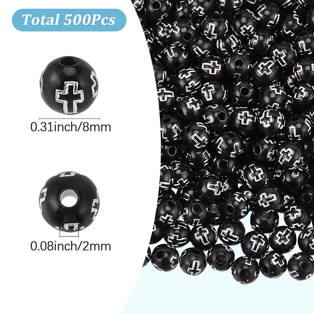 500Pcs Round Spacer Beads 8mm Acrylic Bead Silver Easter Crosses Crucifix Pattern Holy Black Ball Shaped Loose Spacers