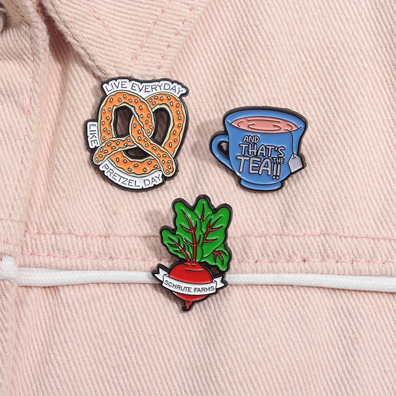 That's The Tea Schrute Farms Enamel Pins Live Everyday Like Pretzel Day TV Show Metal Brooch Lapel Jewelry Gift For Best Friends