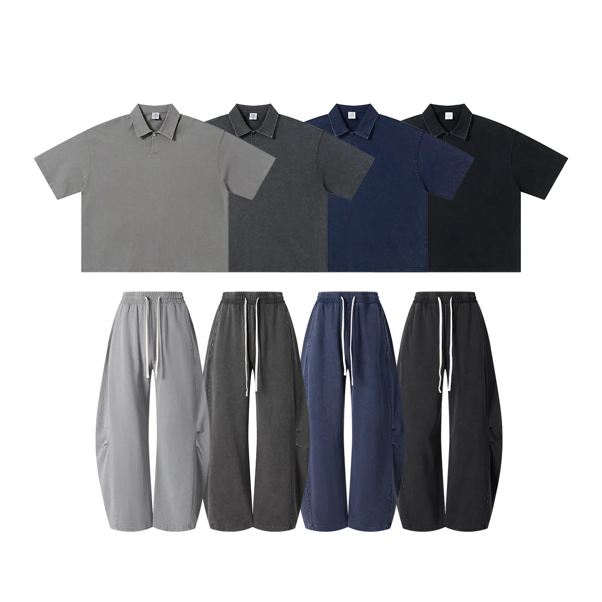 Custom LOGO men's American retro washed polo lapel 280G short-sleeved scimitar straight 320G trousers leisure two-piece set