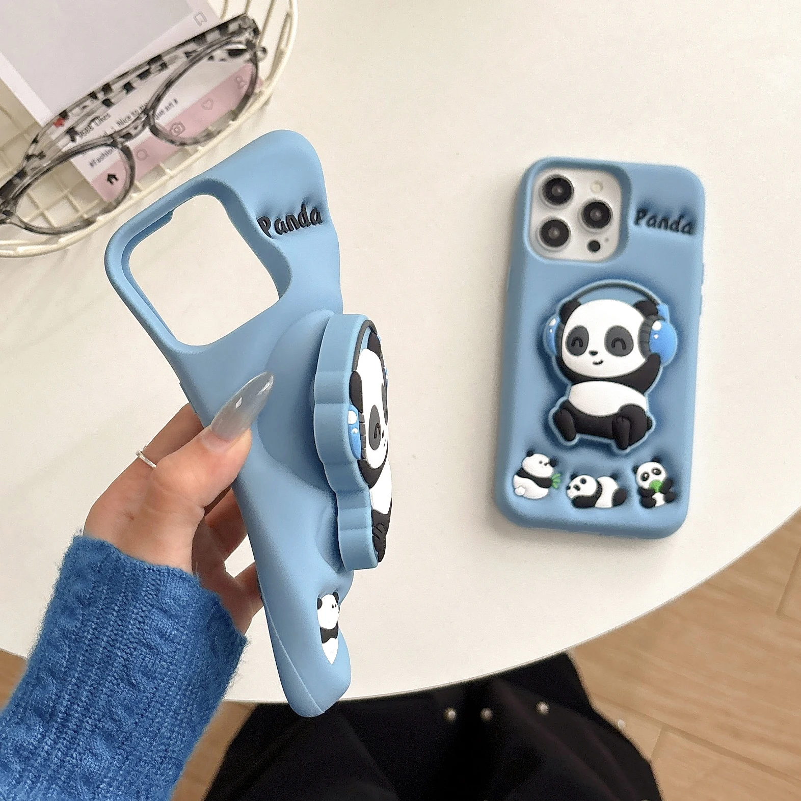 Latest Hot Selling for iPhone 16 15 14 13 12 Pro Max 11 Silicone Case 3D Cartoon Stretch Bracket Phone Cover DJ Panda Phone Case