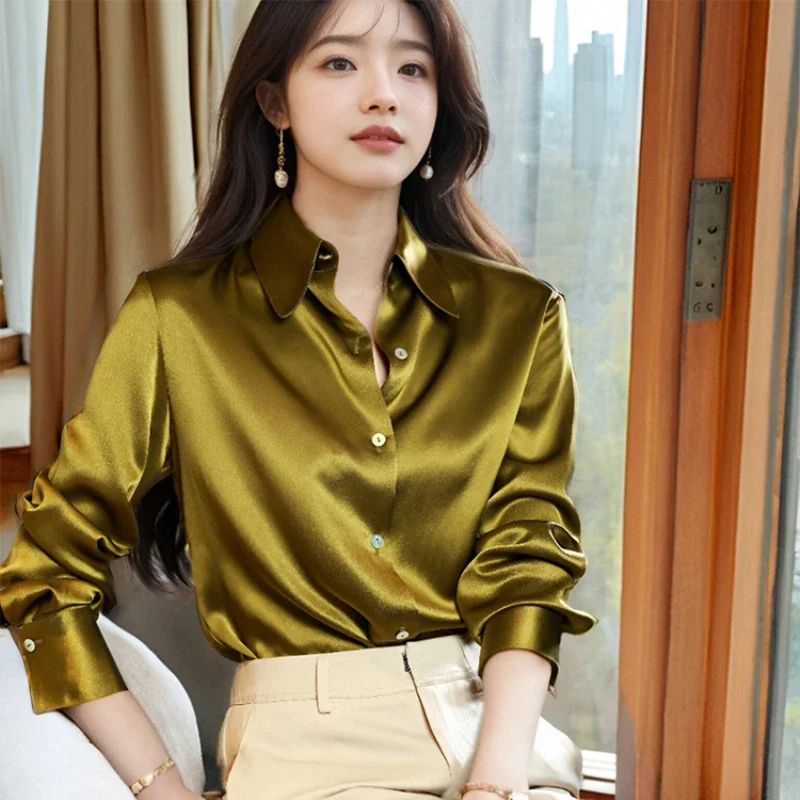 High Quality Silk Satin Women\'s Shirt Office Ladies Long Sleeve Blouses Polo Neck Gold shirt Button Luxury Casual women tops