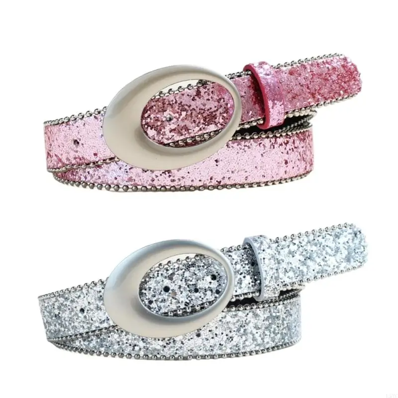 L5YC Women's Glitter Rhinestones Studded PU Belt Adjustable Waistband For Jeans Casual Party Wear