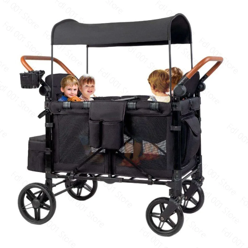Outdoor Wagon Stroller 4 Seat with Full Canopy Camping Folding Wagon Stroller 4 Seater for Kids