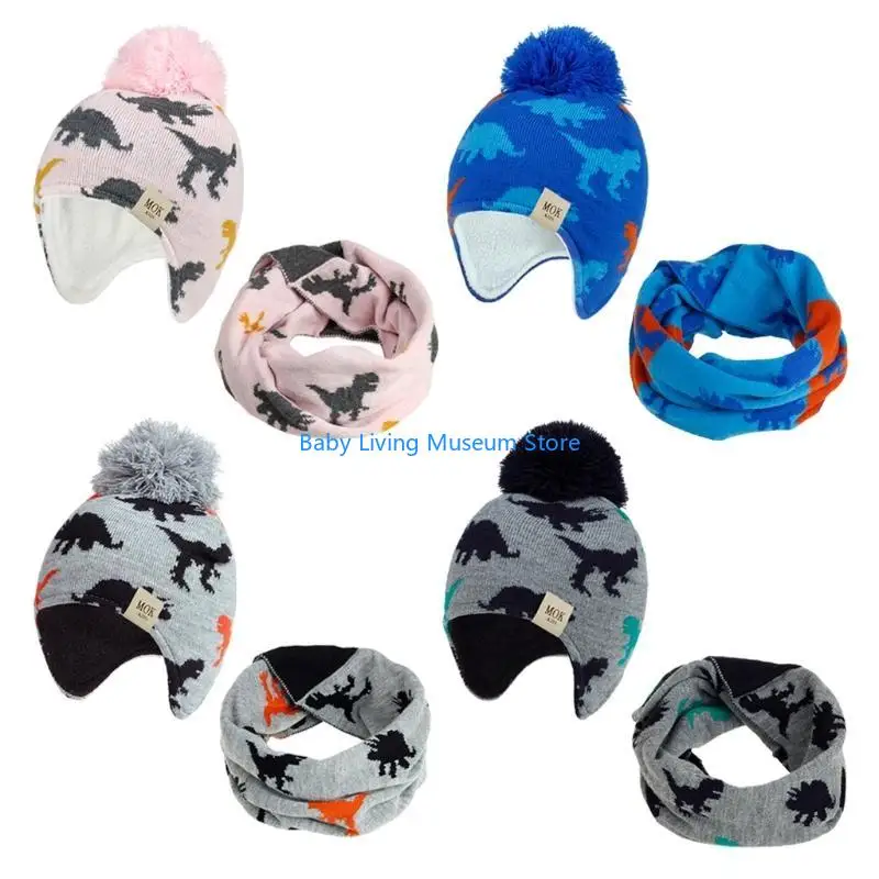 

P31C Girls Knit Hat and Bib Windproof Soft Cartoon Dinosaur s Knit Hat Warm Chunky Cold-proof Scarf for Cold Weather