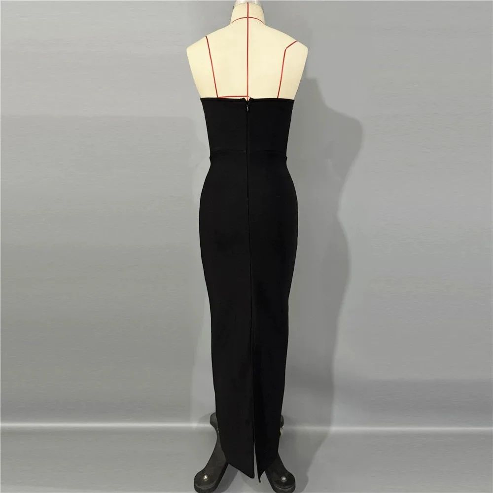 セクシーなストラップレスブラックグリッターラインストーンボディコン包帯ロングドレスノースリーブセレブイブニングパーティー誕生日プロムクラブガウン