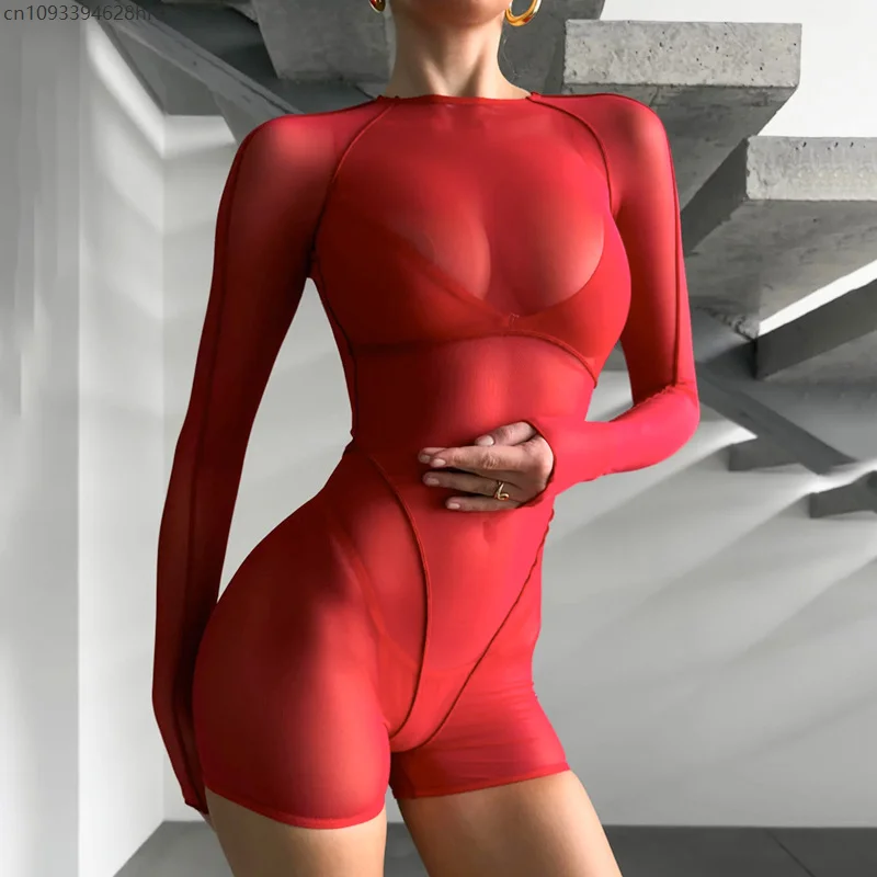 

Women Backless Mesh Playsuits Sexy Long Sleeve Lingerie Hollow Out See through Bodysuits Night Club Party Game Jumpsuit Rompers