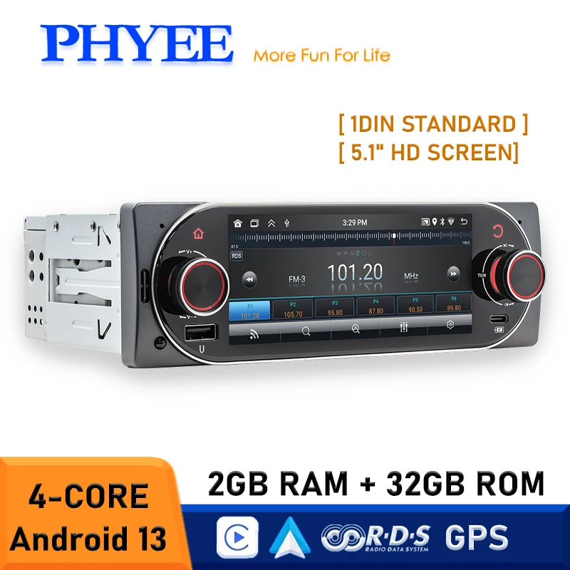 

PHYEE 1 Din Wireless Carplay Radio Car Andorid, GPS Navigation, Bluetooth, Android-Auto, Wifi, FM RDS, 5inch Touch Screen, B5006