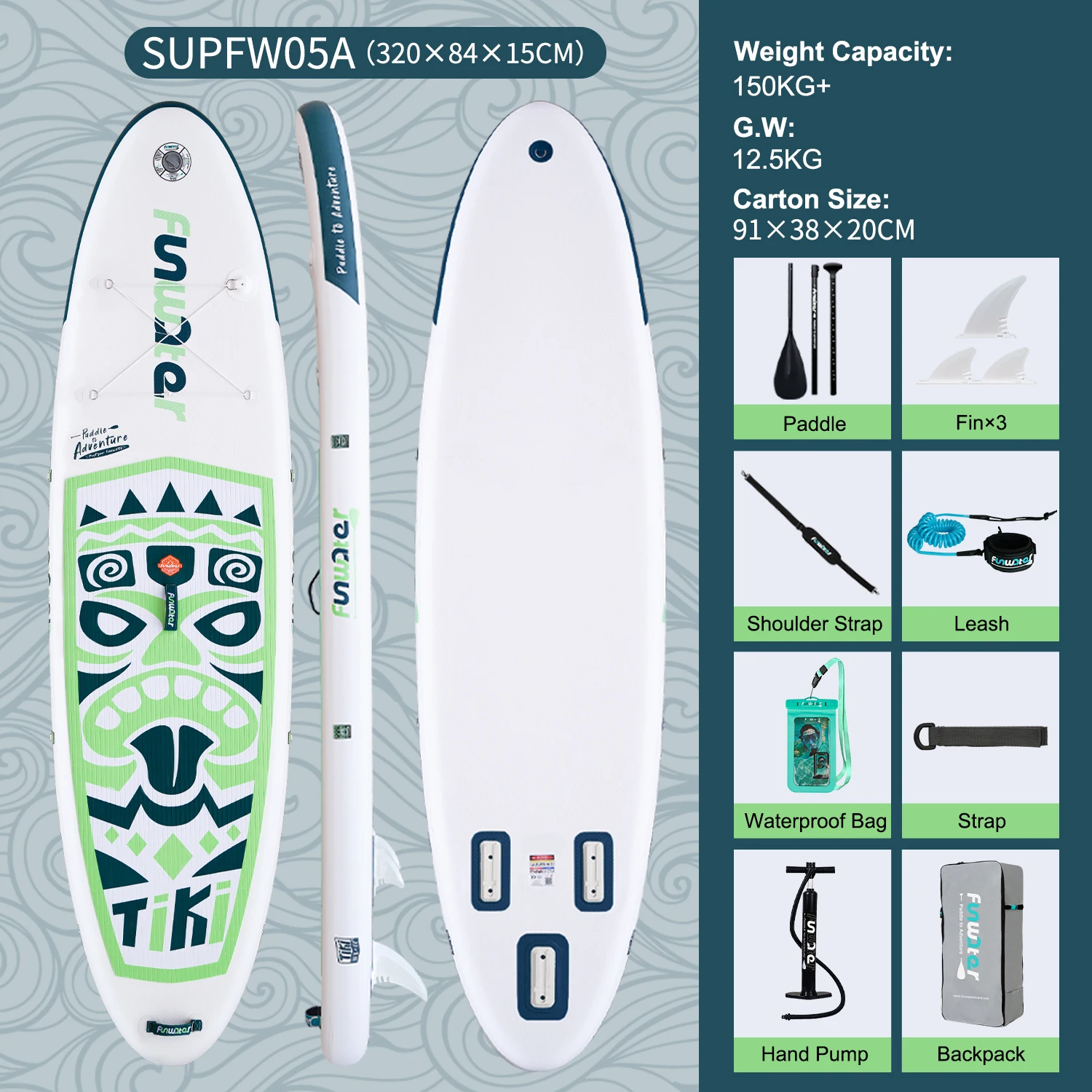 Funwater aufblasbares Stand-Up-Paddleboard (SUP-Board) mit 150 kg Tragfähigkeit für Erwachsene, Premium-PVC, stabil, langlebig, leicht, tragbar, anfängerfreundlich, Allround-Paddleboard für Touren,