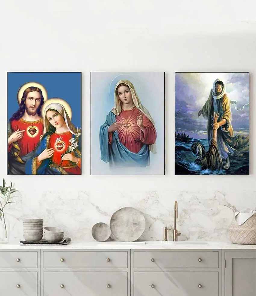 Art Print Mary Religious Canvas Painting Abstract Christian Wall Decor for Home Vintage Sacred Heart of Jesus