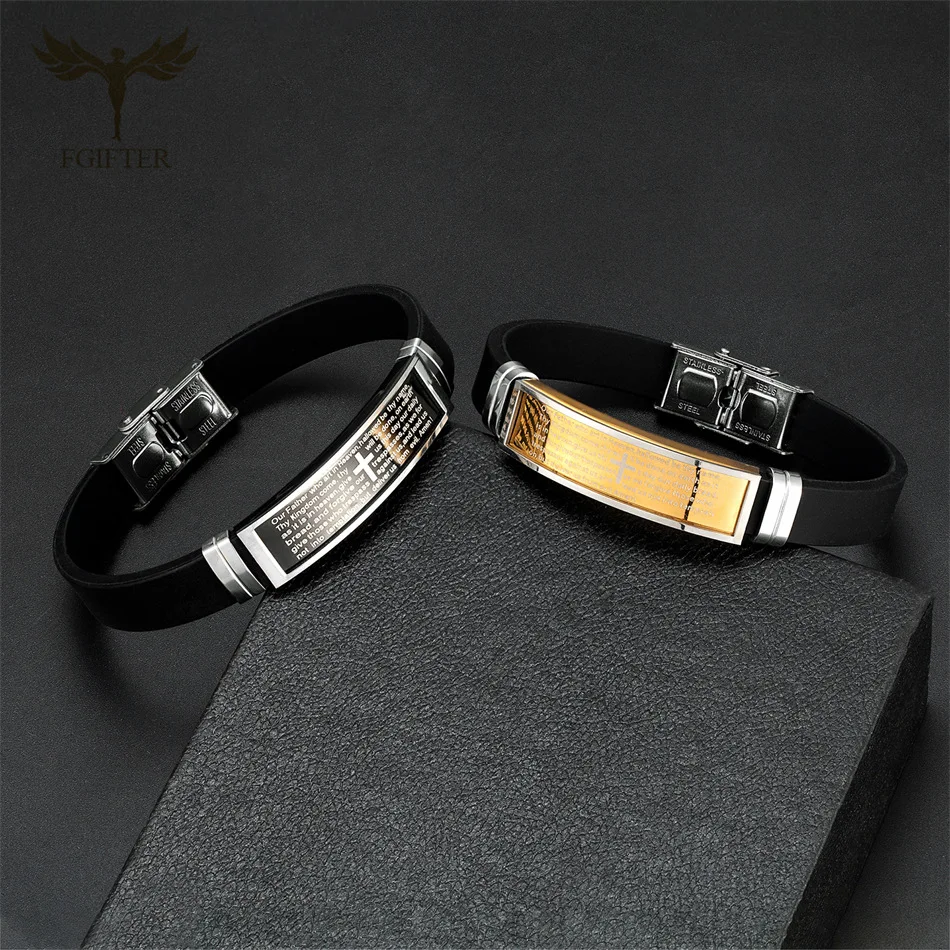 Christian Bible Prayer Text Cross Bracelets Stainless Steel Cuff Bangle Black Silicone Wristband Women Men Couple Jewelry Gifts