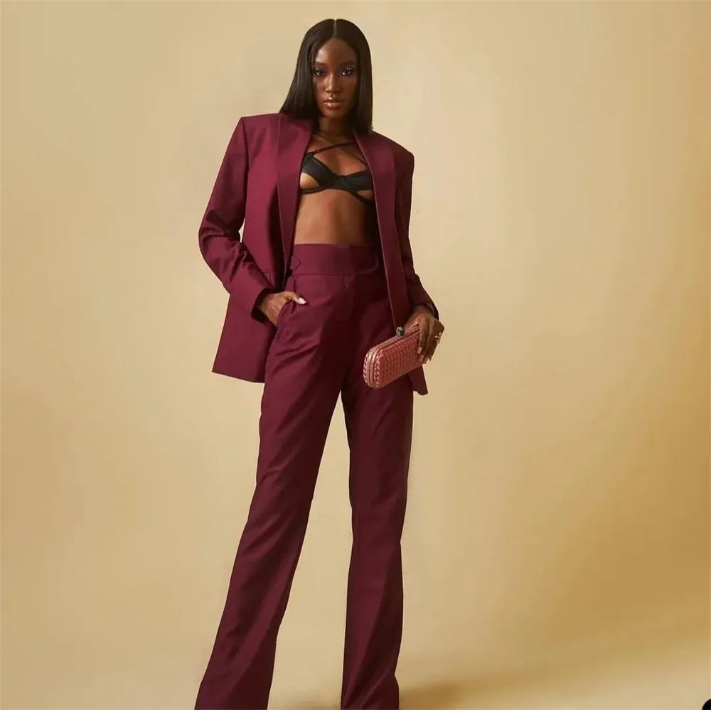 Burgundy Women Suits Office Sets Formal Custom Size 2 Pieces Fashion Blazer+Pants Streetwear Prom Evening Dress