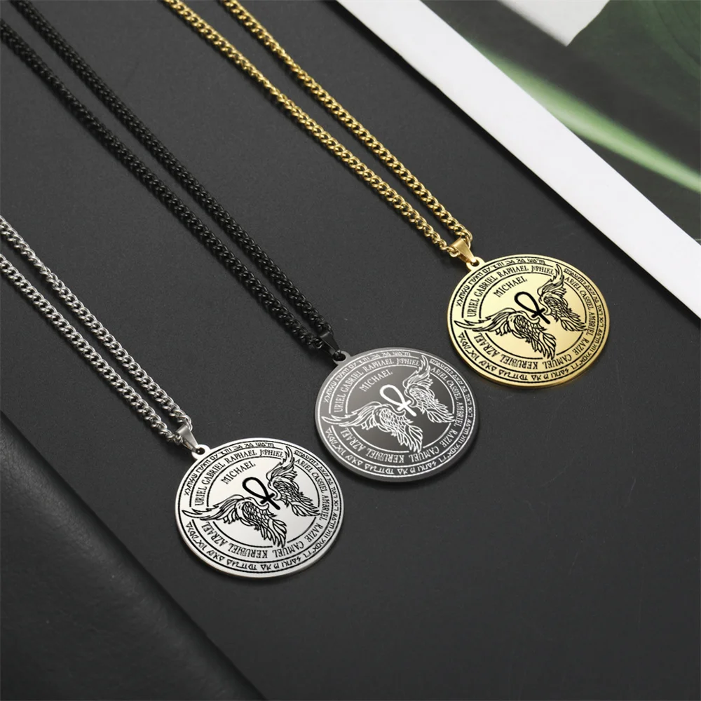 EUEAVAN Classic Archangel Saint Michael Necklace Stainless Steel Coptic Cross Pendant Necklaces Protection Amulet Jewelry Party