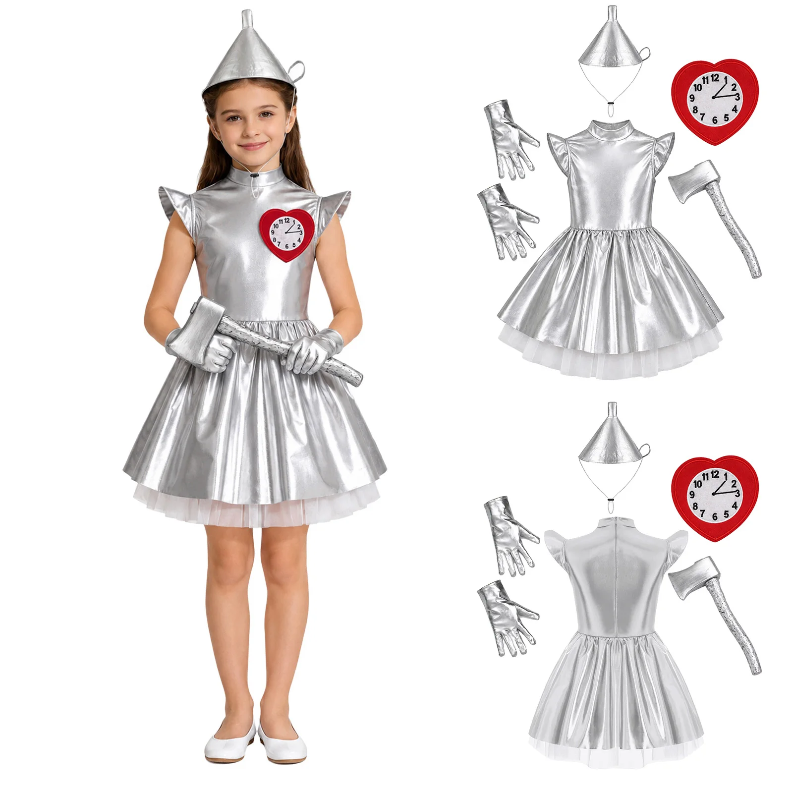 Kids Girls Tin Cosplay Costume Halloween Carnival Roleplay Party Dress Flying Sleeve Ruffled Tutu Dress with Hat Axe Gloves Sets