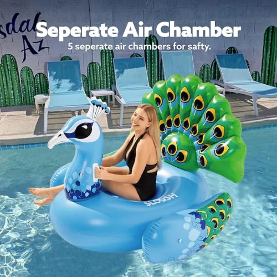 Inflatable Peacock Pool Float for adult pool parties, PVC material, turquoise and teal color, extra-large size with comfortable