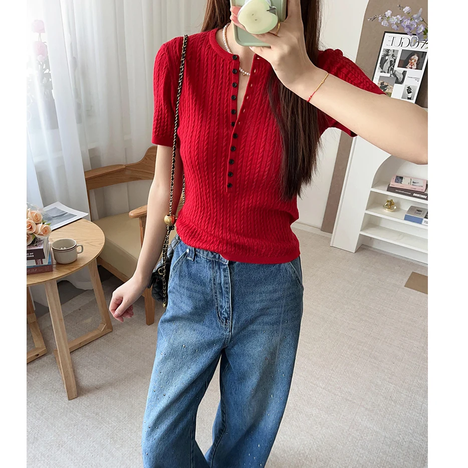 

Женский вязаный свитер Selfwill Commuter с воротником хенли, из пряжи с эффектом кос, из шерсти Yangzi, весенняя коллекция 2025