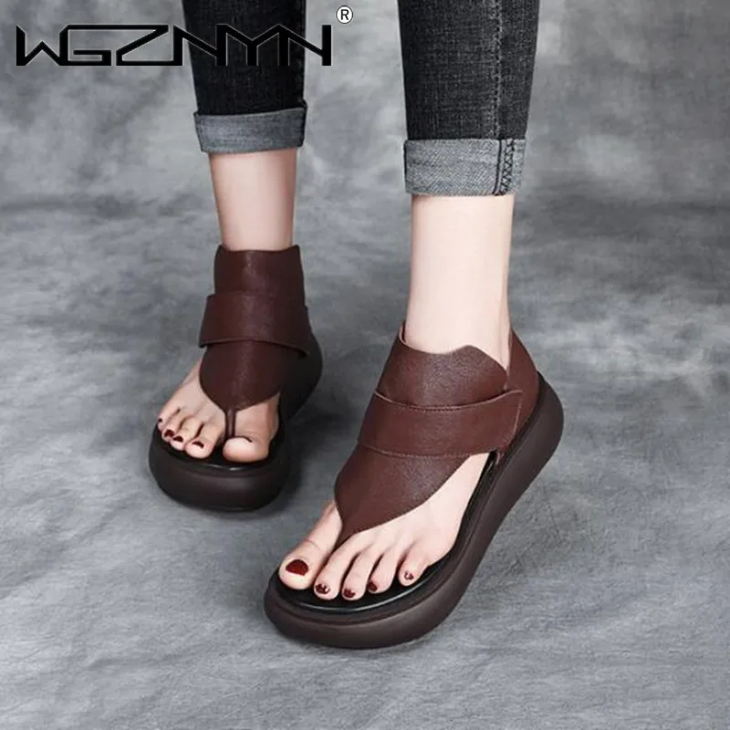 NEW Designer Women Sandals Round Toe Leather Platform Wedges 2024 Summer High Heel Shoes Full Genuine Leather Black Casual Shoe