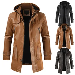 2023 Foreign Trade Autumn and Winter New Men's Casual Fashion Leather Clothes PU Hooded Slim Fit Middle aged Men's outerwear