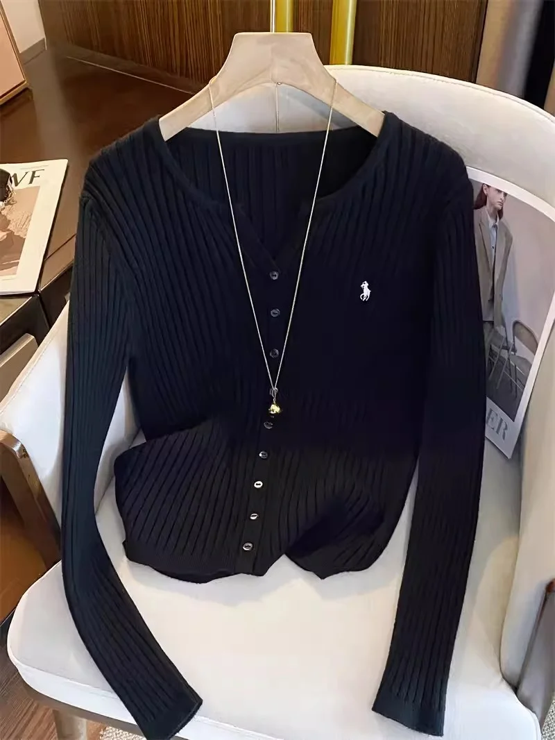 New Women Solid Fashion Knitted Tops  Y2K Embroidery Long Sleeve Cardigans Sweaters Fashion Streetwear Lady Shirts