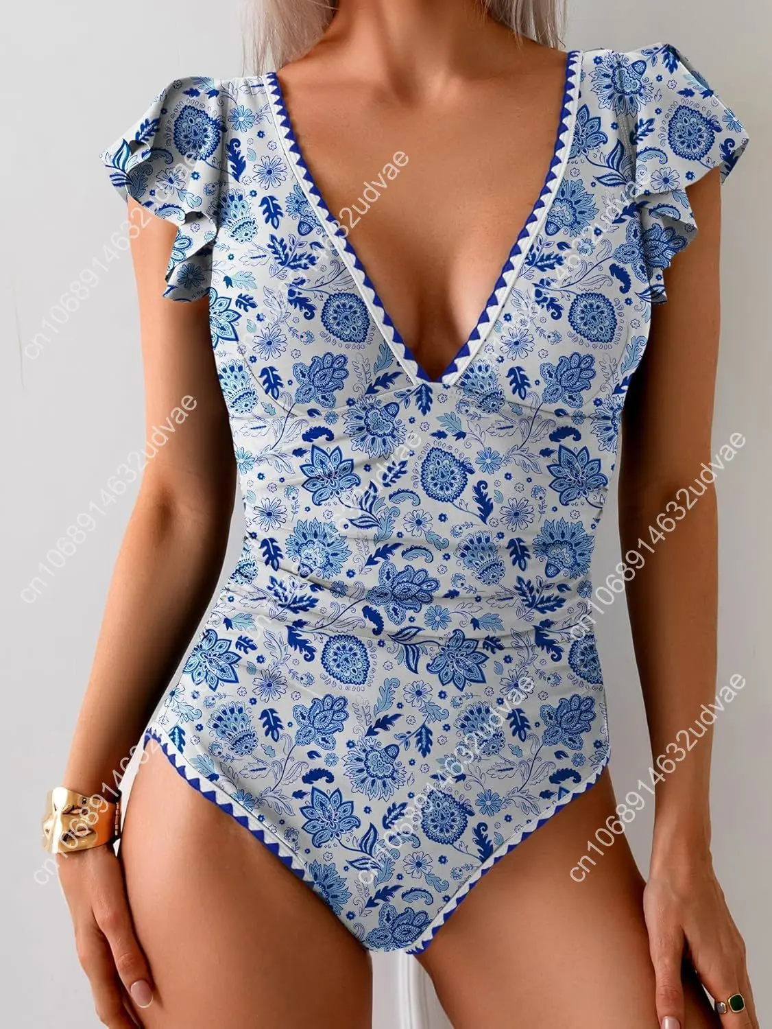 Women's One Piece Ruffle Swimsuit Tummy Control Bathing Suit V Neck Shell Stitched Swim Suit Slimming Swimwear