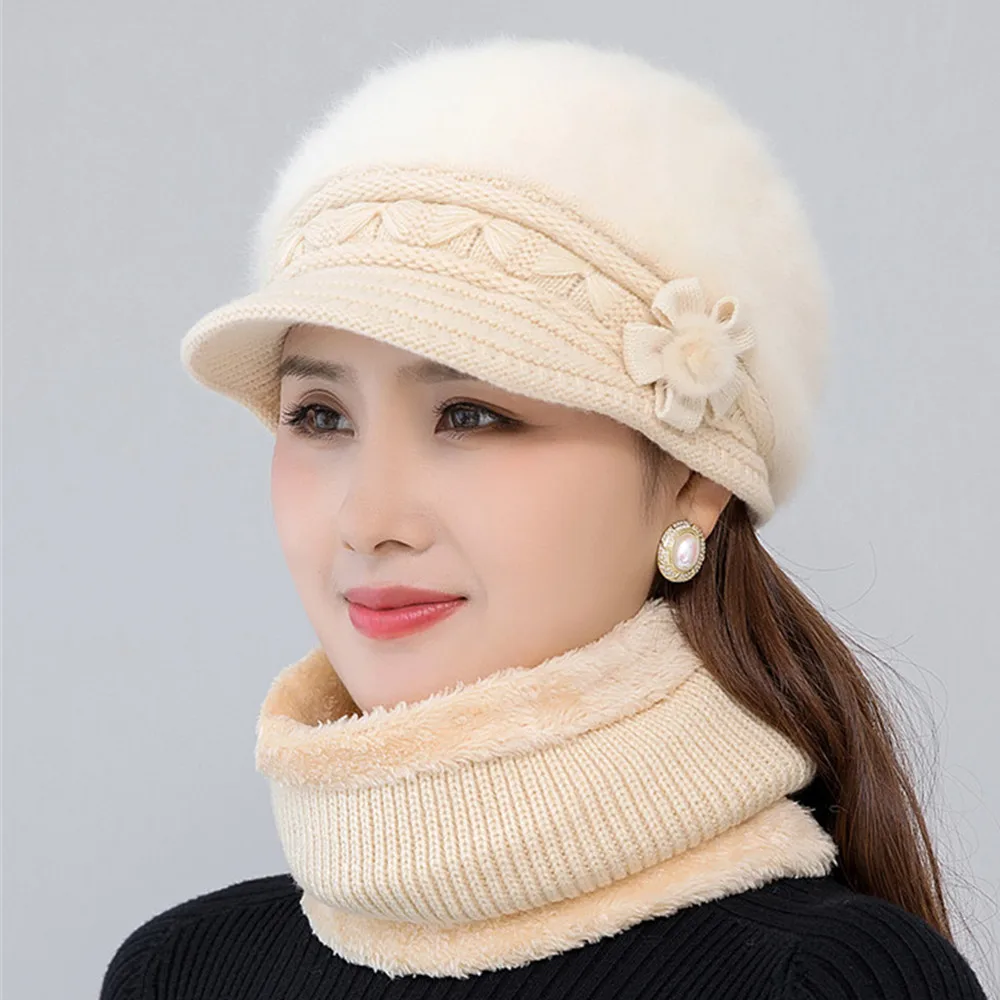 2024 Women Winter Hat Keep Warm Cap Add Fur Lined Hat And Scarf Set Warm Hats For Camping Casual Rabbit Fur Winter Knitted Hat