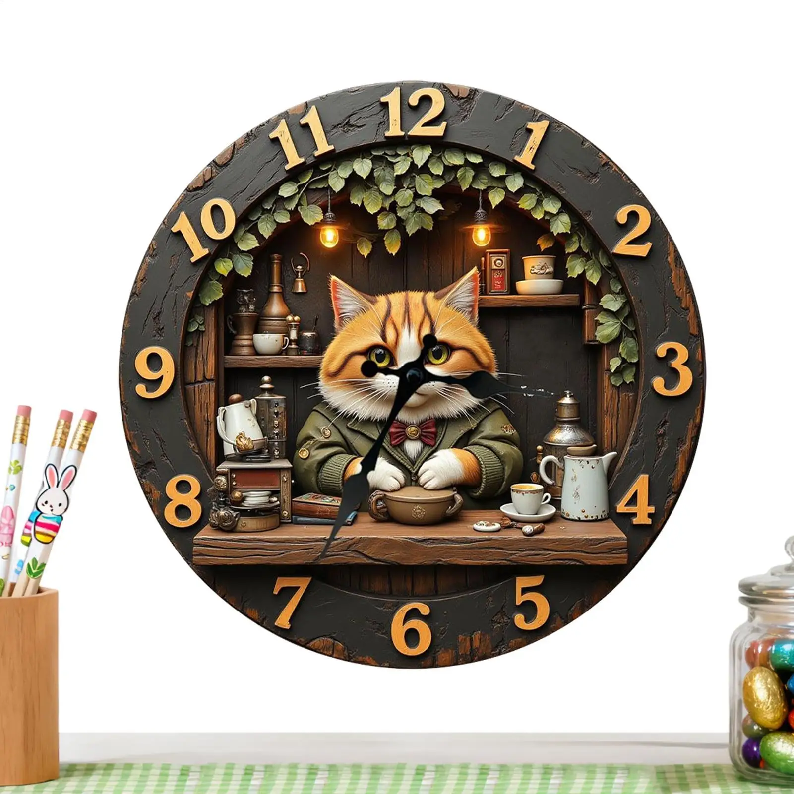 Wanduhr 11,81 Zoll mit Katzenmotiv, Holzdekoration, Schlafzimmer-Wanduhr für Zuhause, Wohnzimmer, Schlafzimmer, Bauernhaus, Bar, Büro, Bibliothek