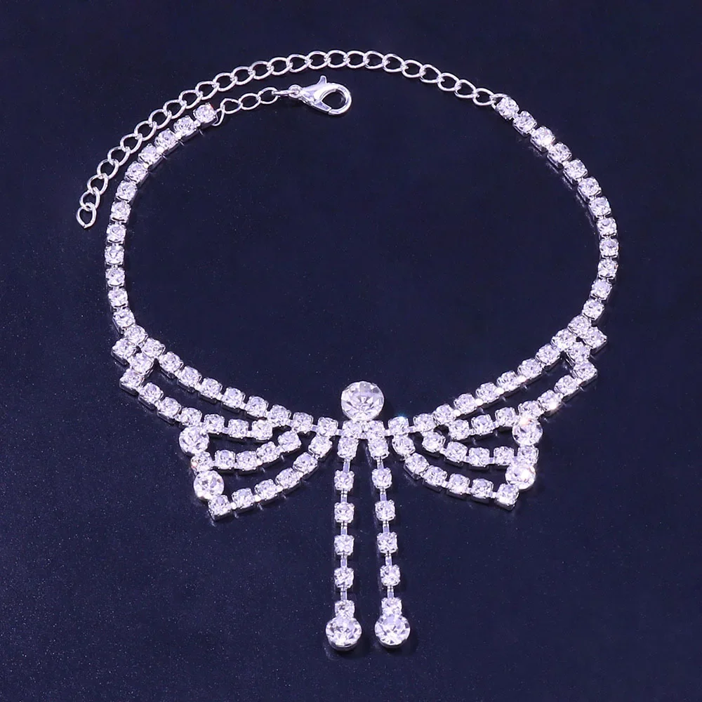 Fashion Bow Tie Rhinestone  Anklet Bracelets for Women Crystal Charm High Heels Accessories Anklet Sandal Barefoot Foot Jewelry