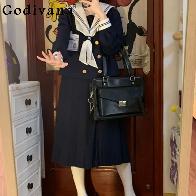 Sweet College Blue Bow Long Sleeve Navy Collar Shirt Fashion Summer New High Waist A-line Versatile Age-reducing Skirt JK Sets