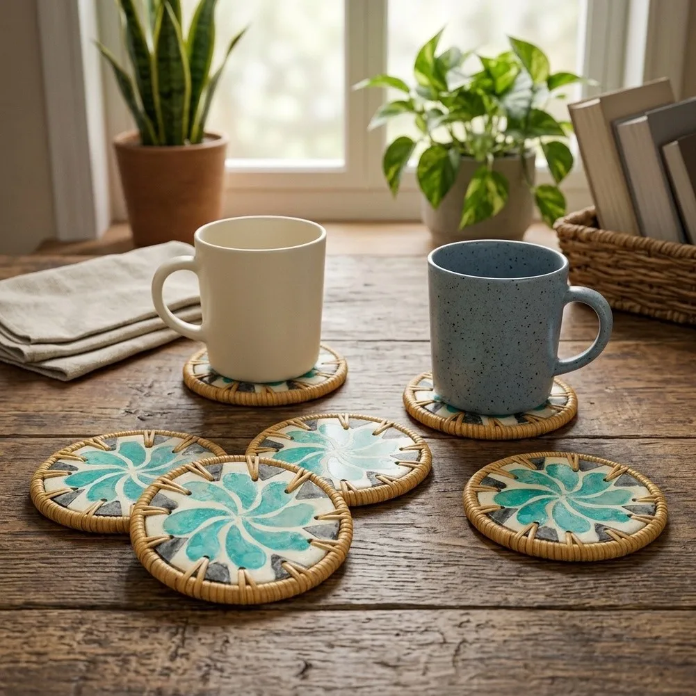 6‑Pack Handmade Round Shell Woven Coasters, Heat‑Resistant Drink Mats, Decorative Tabletop Protector For Household Table