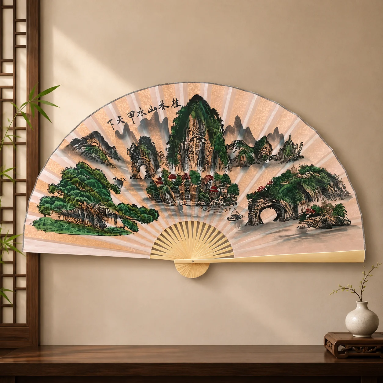 160cm Oversized Wall Hanging Fan, Printed Mountain River Ink Painting Bamboo Frame, Chinese Style Wall Decor for Home Tea Room