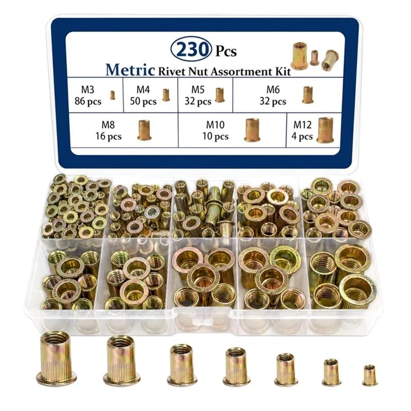 230Pcs Metric Blind Rivet Nuts Kit, M3- Zinc-Plated Flat-Head Threaded Insert Rivnuts Assortment Set