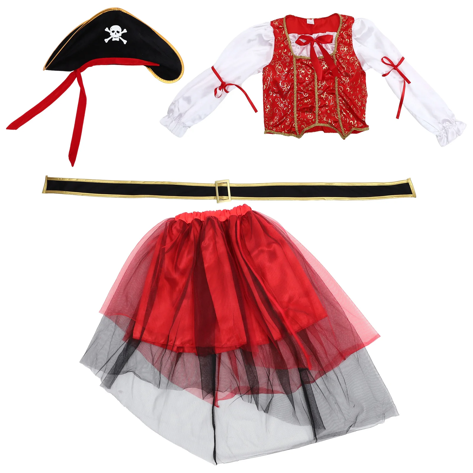 

4 шт., детский костюм пирата, классическое платье, юбка, шляпа, пояс, костюм для косплея на Хэллоуин для праздничного выступления, детский костюм пирата