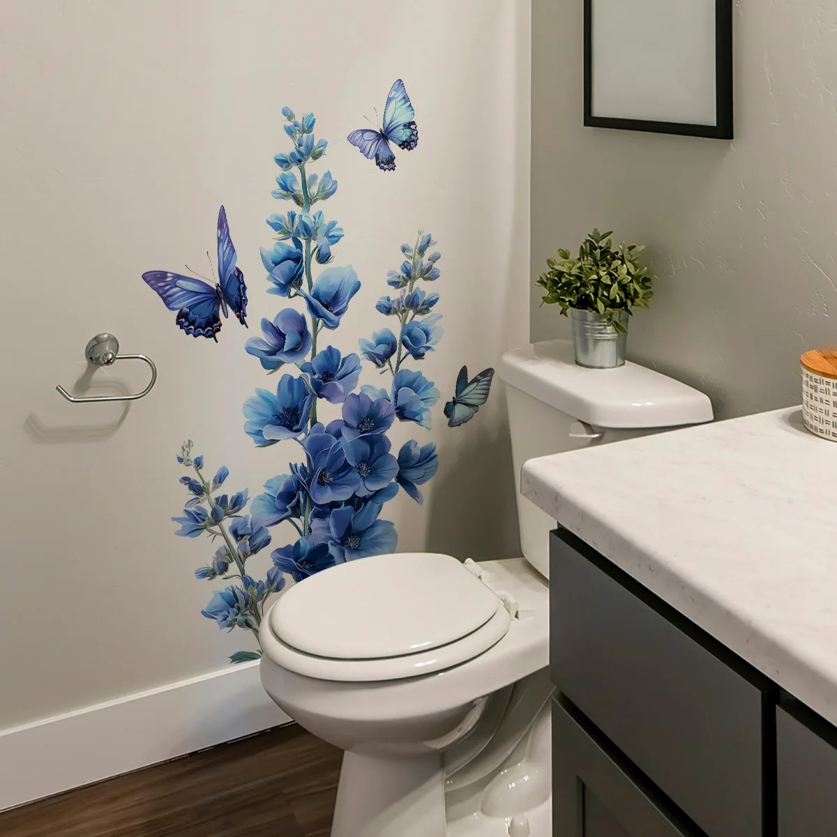 1Pc Romantic Blue Flower Butterfly Wall Sticker Living Room Bedroom Decor Home Wall Decor Self-adhesive Stickers Room Decoration