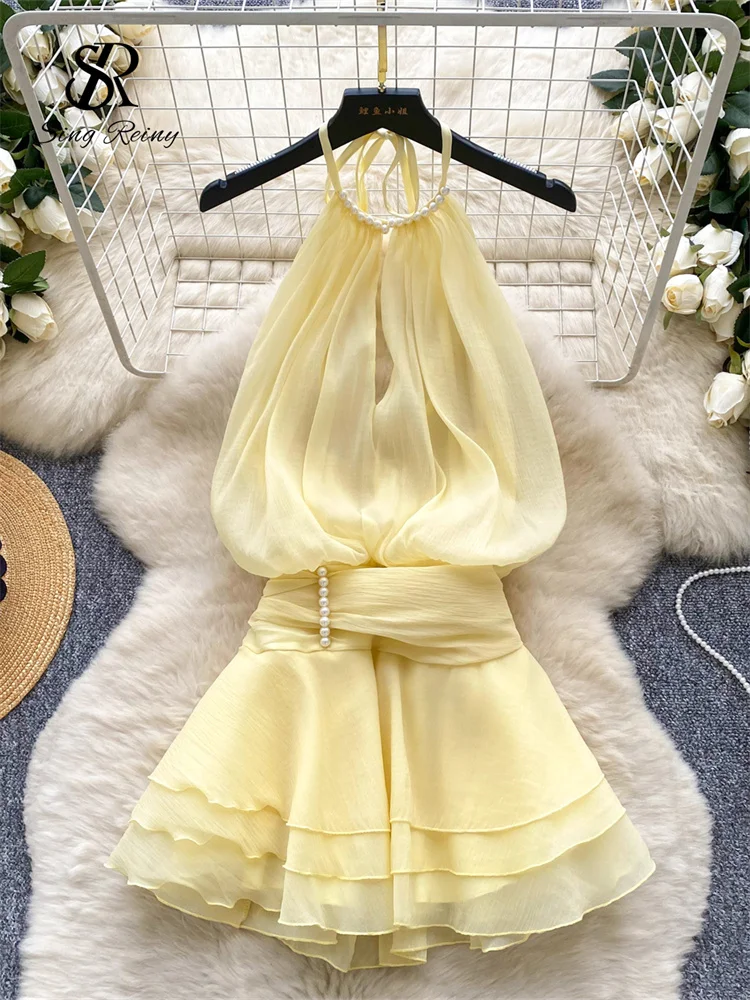 SINGREINY Strap Chiffon Mini Dress Female Pearl Halter Sleeveless Backless  Sexy Design Fairycore Vacation Summer Ruffles Dress - AliExpress 200000345