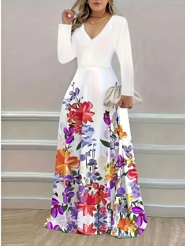 Women's Dress Fashion Basic New Casual Floral Print V-neck Long Sleeve High Waist Elegant Glamorous A-line Maxi Dress