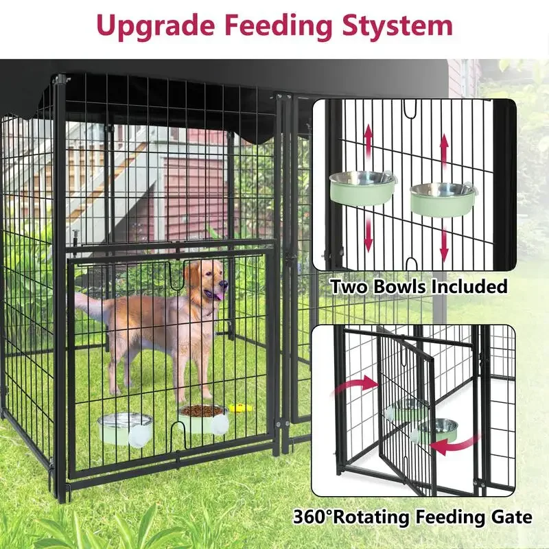 Dog Kennel Outdoor Heavy Duty Dog Kennel Large Dog Cage with Waterproof Roof Pet Dogs Kennels with Two Adjustable Feeding Bowl