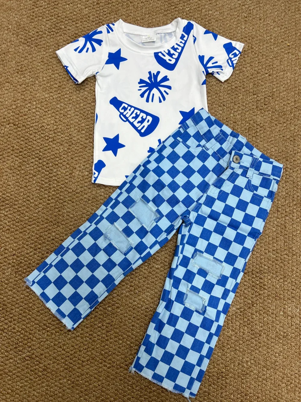 

9.12 Baby Kids Cheer Blue Shirt Checkered Denim Pants Clothes Sets