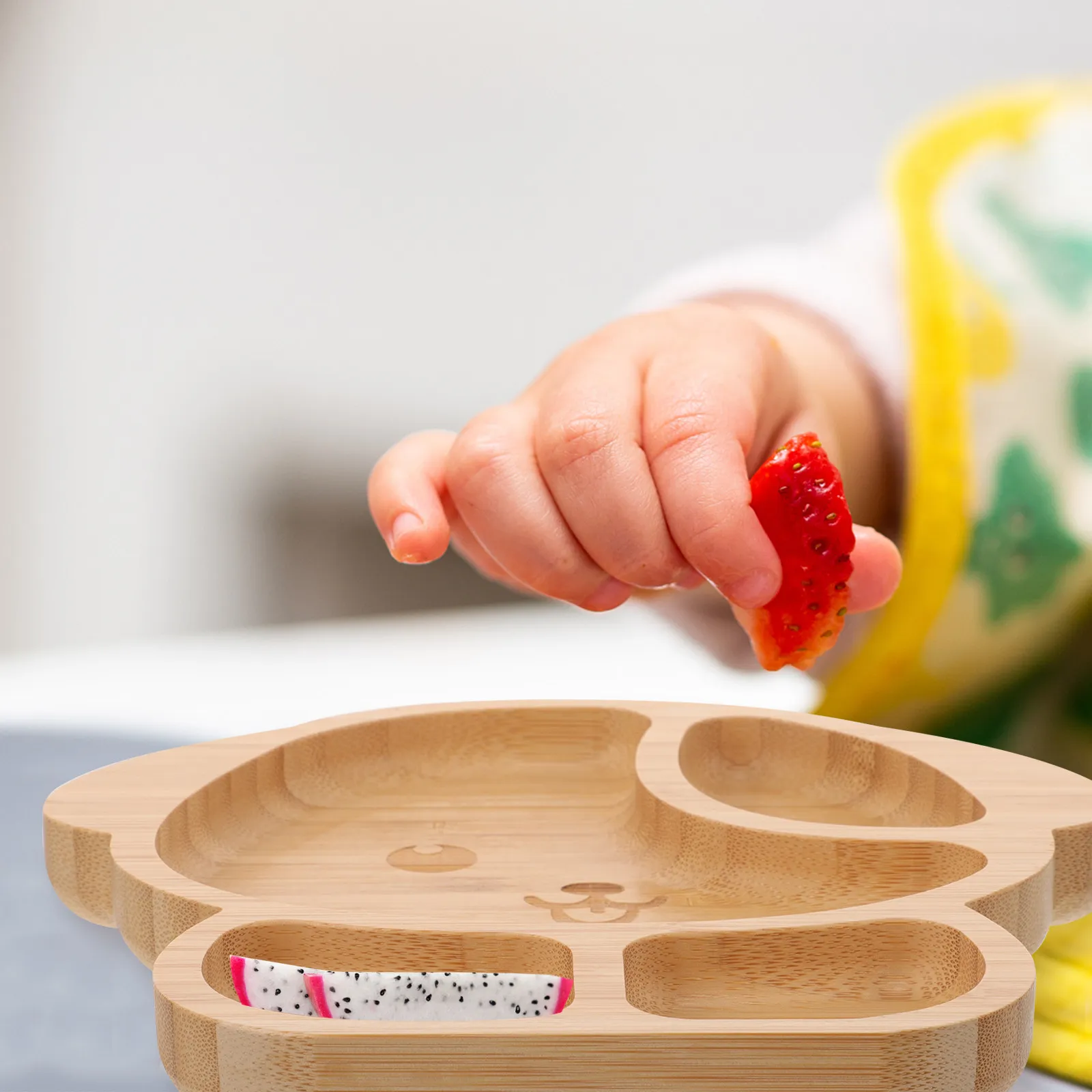 

Bamboo Silicone Suction Food Tray For Kids Divided Wood Plate Dinner Serving Platter Toddler Eating Bowl Fork Spoon Set