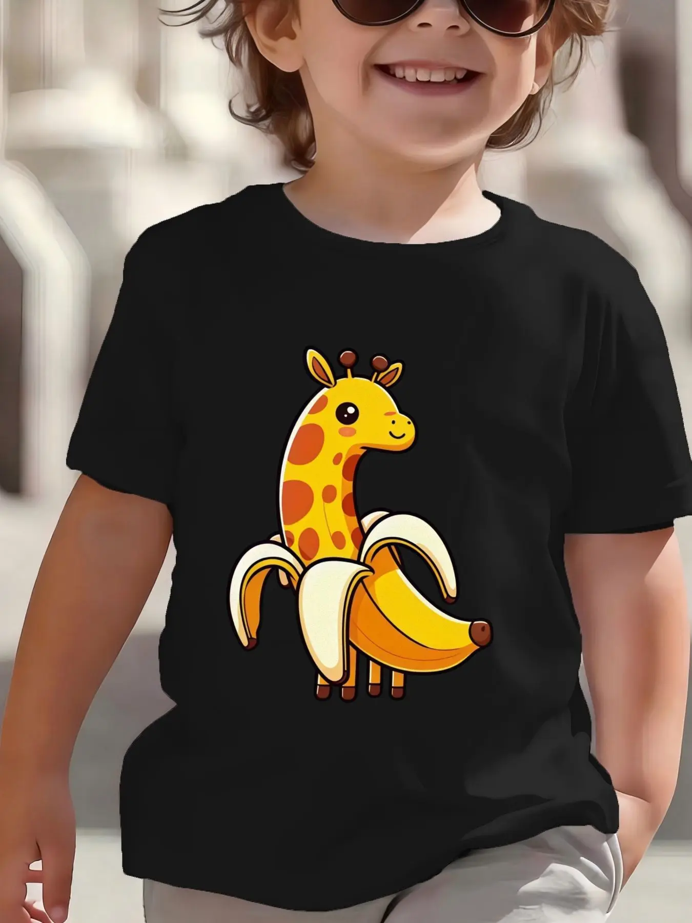 Kids Cute Banana Giraffe Graphic Tee Boys Girls Family Matching Short Sleeve Lovely Animal Cartoon Casual Daily Wear T Shirt